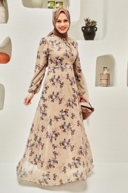 Neva Style - Çiçek Desenli Bej Tesettür Elbise 279061BEJ - Thumbnail