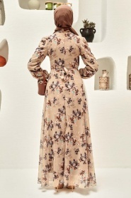 Neva Style - Çiçek Desenli Bej Tesettür Elbise 279061BEJ - Thumbnail