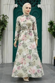 Neva Style - Çiçek Desenli Bej Tesettür Elbise 279083BEJ - Thumbnail