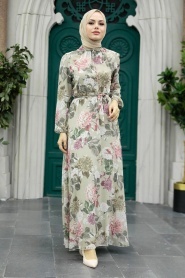 Neva Style - Çiçek Desenli Bej Tesettür Elbise 279083BEJ - Thumbnail