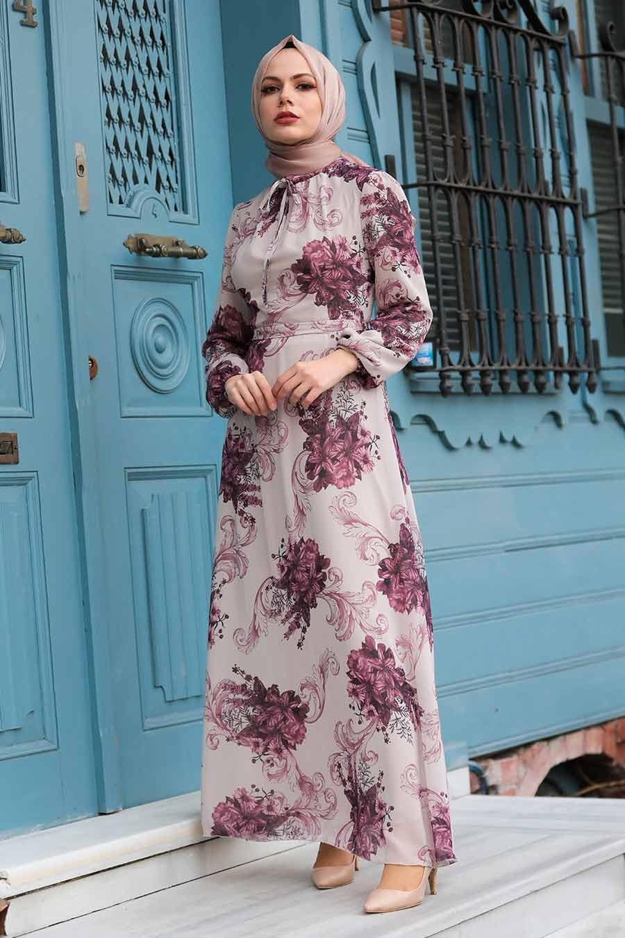Neva Style - Çiçek Desenli Bej Tesettür Elbise 27921BEJ