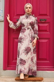 Neva Style - Çiçek Desenli Bej Tesettür Elbise 27921BEJ - Thumbnail