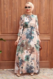 Neva Style - Çiçek Desenli Bej Tesettür Elbise 27925BEJ - Thumbnail