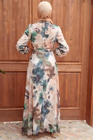 Neva Style - Çiçek Desenli Bej Tesettür Elbise 27925BEJ - Thumbnail