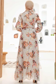 Neva Style - Çiçek Desenli Bej Tesettür Elbise 27926BEJ - Thumbnail