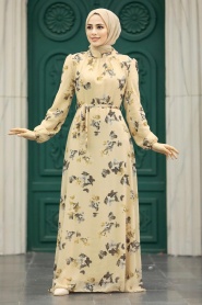 Neva Style - Çiçek Desenli Bej Tesettür Elbise 279317BEJ - Thumbnail