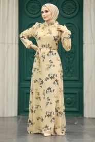 Neva Style - Çiçek Desenli Bej Tesettür Elbise 279317BEJ - Thumbnail