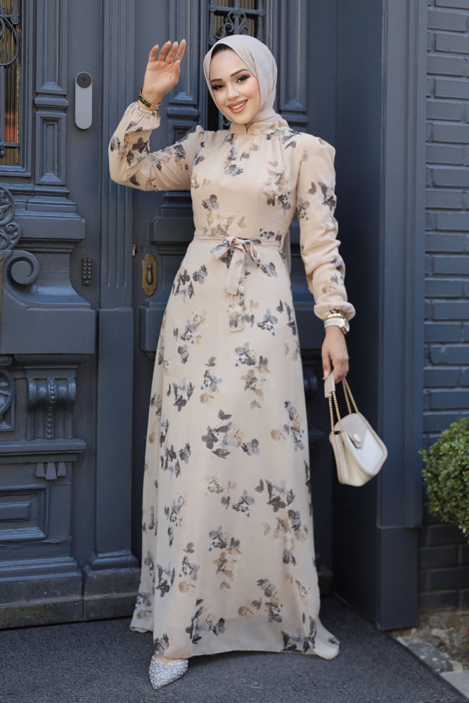 Neva Style - Çiçek Desenli Bej Tesettür Elbise 279317BEJ - 1