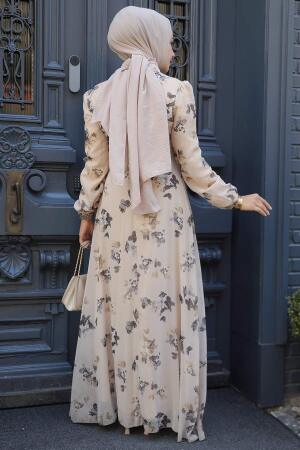 Neva Style - Çiçek Desenli Bej Tesettür Elbise 279317BEJ - 3