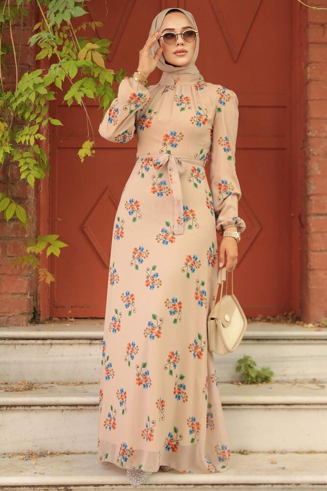 Neva Style - Çiçek Desenli Bej Tesettür Elbise 27935BEJ - 1