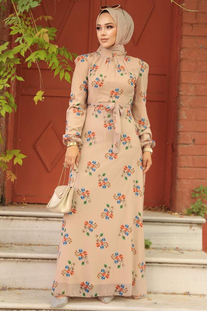Neva Style - Çiçek Desenli Bej Tesettür Elbise 27935BEJ - 2
