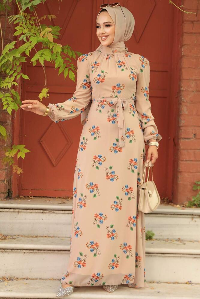 Neva Style - Çiçek Desenli Bej Tesettür Elbise 27935BEJ - 3