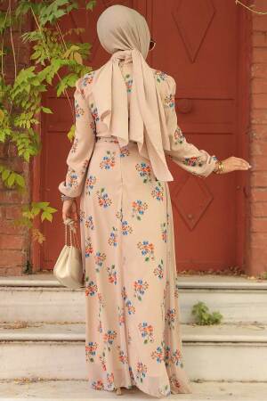 Neva Style - Çiçek Desenli Bej Tesettür Elbise 27935BEJ - 4