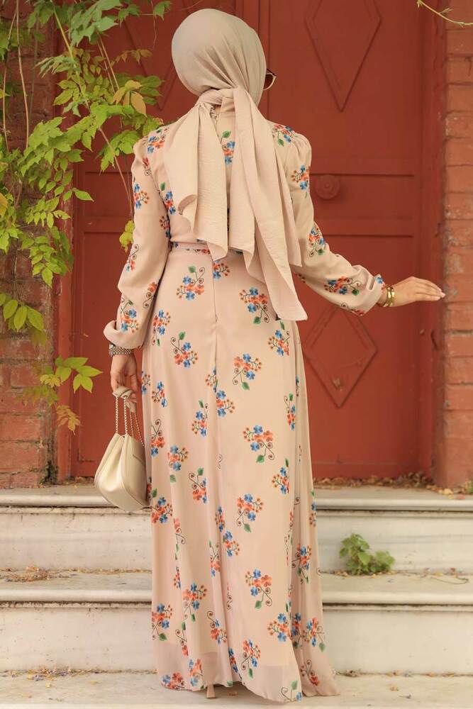 Neva Style - Çiçek Desenli Bej Tesettür Elbise 27935BEJ - 4