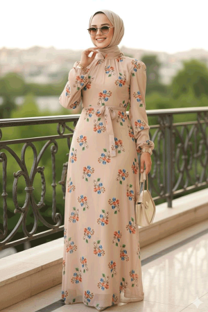  Çiçek Desenli Bej Tesettür Elbise 27935BEJ - 1