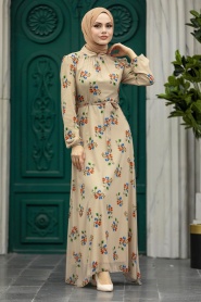 Neva Style - Çiçek Desenli Bej Tesettür Elbise 27935BEJ - Thumbnail