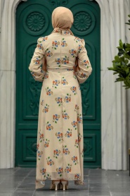Neva Style - Çiçek Desenli Bej Tesettür Elbise 27935BEJ - Thumbnail