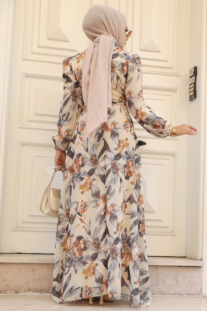 Neva Style - Çiçek Desenli Bej Tesettür Elbise 27941BEJ - 4