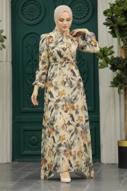 Neva Style - Çiçek Desenli Bej Tesettür Elbise 27941BEJ - Thumbnail