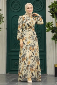 Neva Style - Çiçek Desenli Bej Tesettür Elbise 27941BEJ - Thumbnail