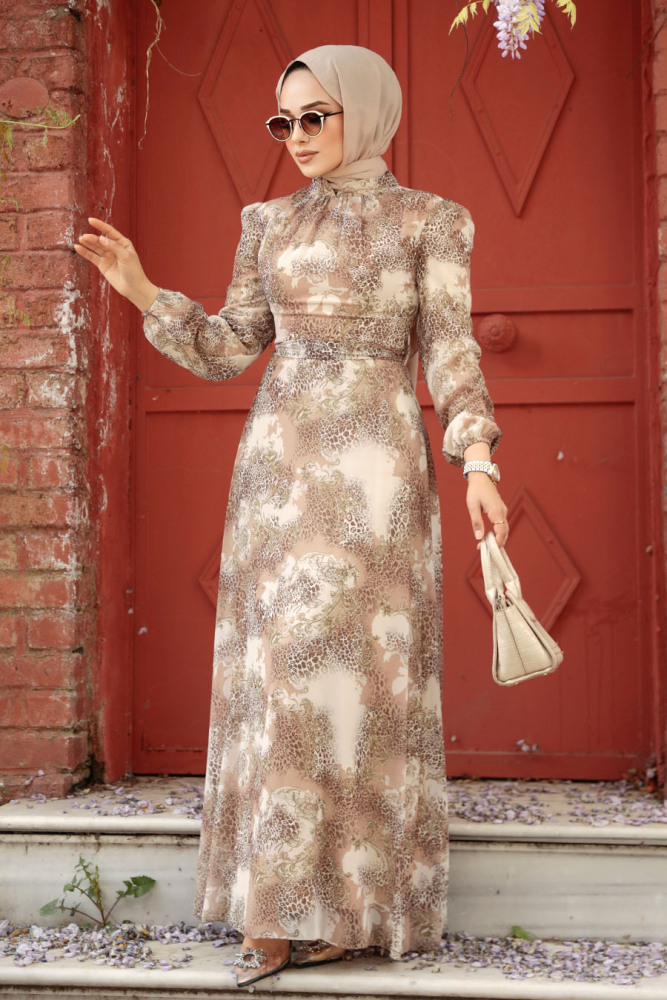 Neva Style - Çiçek Desenli Bej Tesettür Elbise 27944BEJ - 1
