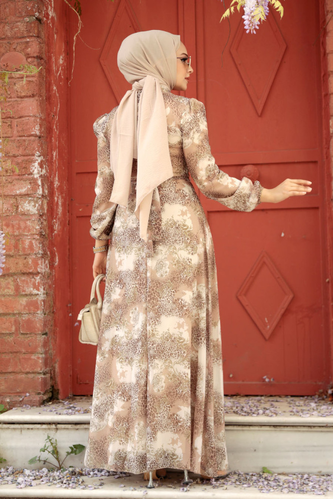 Neva Style - Çiçek Desenli Bej Tesettür Elbise 27944BEJ - 3
