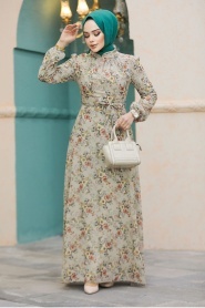 Neva Style - Çiçek Desenli Bej Tesettür Elbise 27947BEJ - Thumbnail