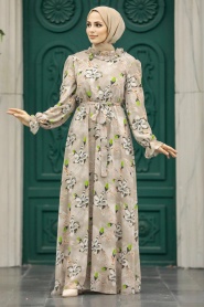 Neva Style - Çiçek Desenli Bej Tesettür Elbise 29710BEJ - Thumbnail