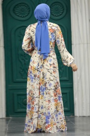 Neva Style - Çiçek Desenli Bej Tesettür Elbise 30057BEJ - Thumbnail