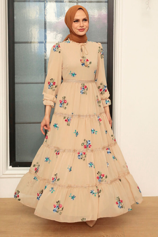 Neva Style - Çiçek Desenli Bej Tesettür Elbise 32811BEJ - 2