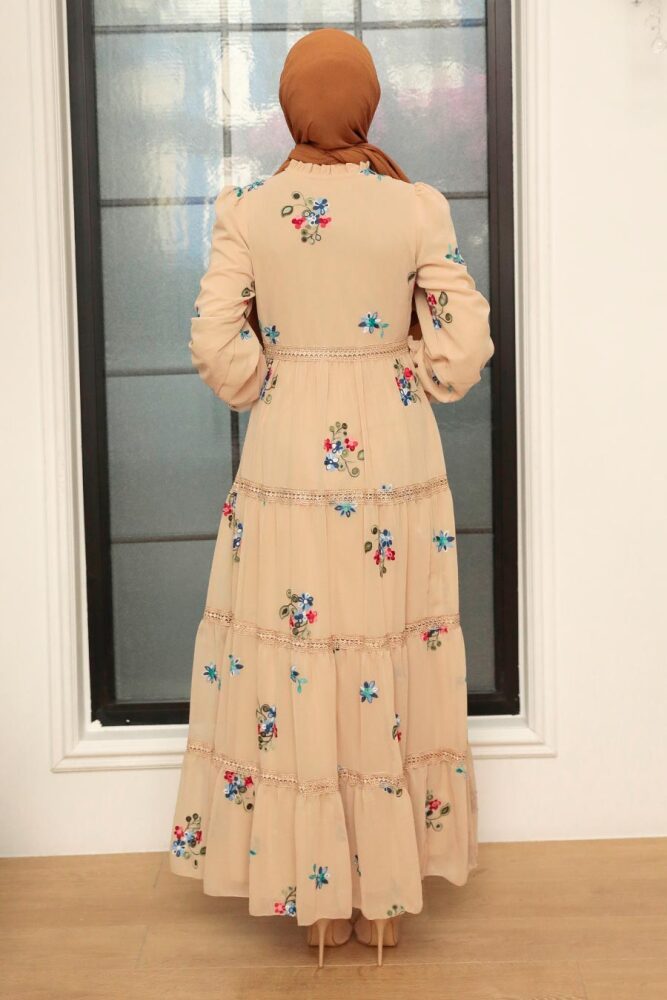 Neva Style - Çiçek Desenli Bej Tesettür Elbise 32811BEJ - 3