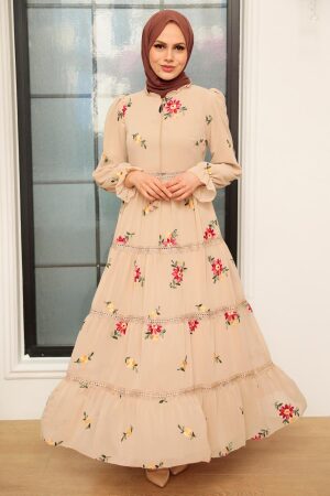 Neva Style - Çiçek Desenli Bej Tesettür Elbise 32812BEJ - 1
