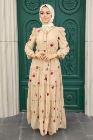 Neva Style - Çiçek Desenli Bej Tesettür Elbise 35720BEJ - Thumbnail