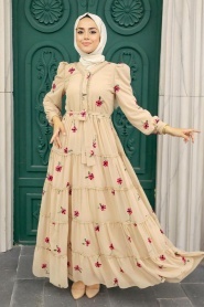 Neva Style - Çiçek Desenli Bej Tesettür Elbise 35720BEJ - Thumbnail