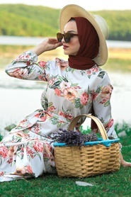 Neva Style - Çiçek Desenli Bej Tesettür Elbise 50051BEJ - Thumbnail