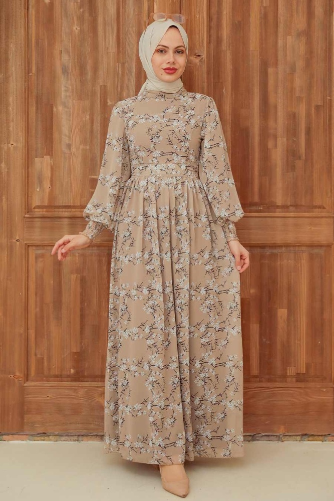 Neva Style - Çiçek Desenli Bej Tesettür Elbise 5683BEJ - 1