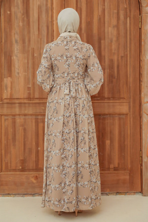 Neva Style - Çiçek Desenli Bej Tesettür Elbise 5683BEJ - 2