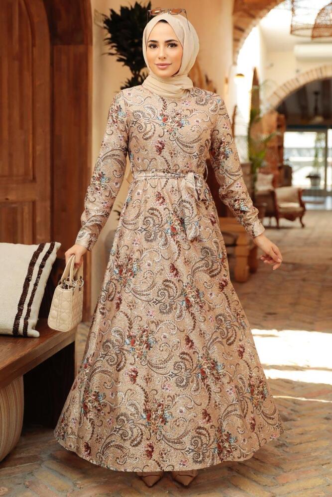 Neva Style - Çiçek Desenli Bej Tesettür Elbise 7692BEJ - 1