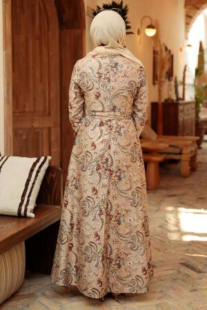 Neva Style - Çiçek Desenli Bej Tesettür Elbise 7692BEJ - 2