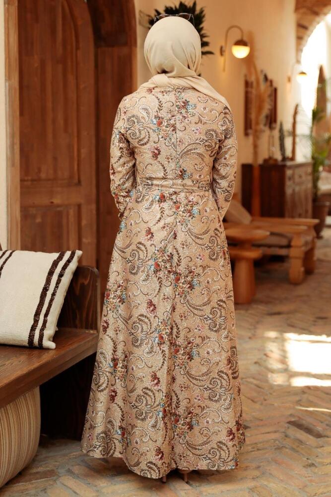 Neva Style - Çiçek Desenli Bej Tesettür Elbise 7692BEJ - 2