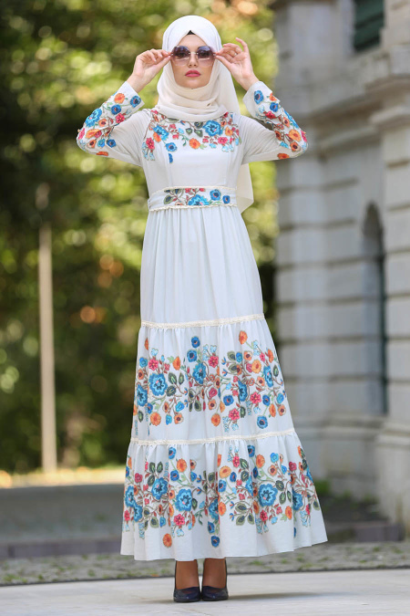 Neva Style - Çiçek Desenli Bej Tesettür Elbise 7772BEJ