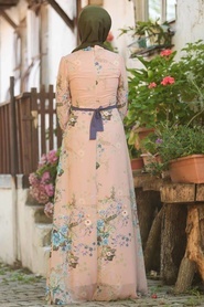 Neva Style - Çiçek Desenli Bej Tesettür Elbise 815214BEJ - Thumbnail