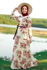 Neva Style - Çiçek Desenli Bej Tesettür Elbise 815238BEJ - Thumbnail