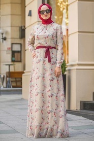 Neva Style - Çiçek Desenli Bej Tesettür Elbise 815240BEJ - Thumbnail