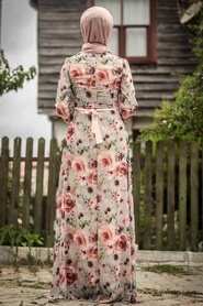 Neva Style - Çiçek Desenli Bej Tesettür Elbise 815243BEJ - Thumbnail