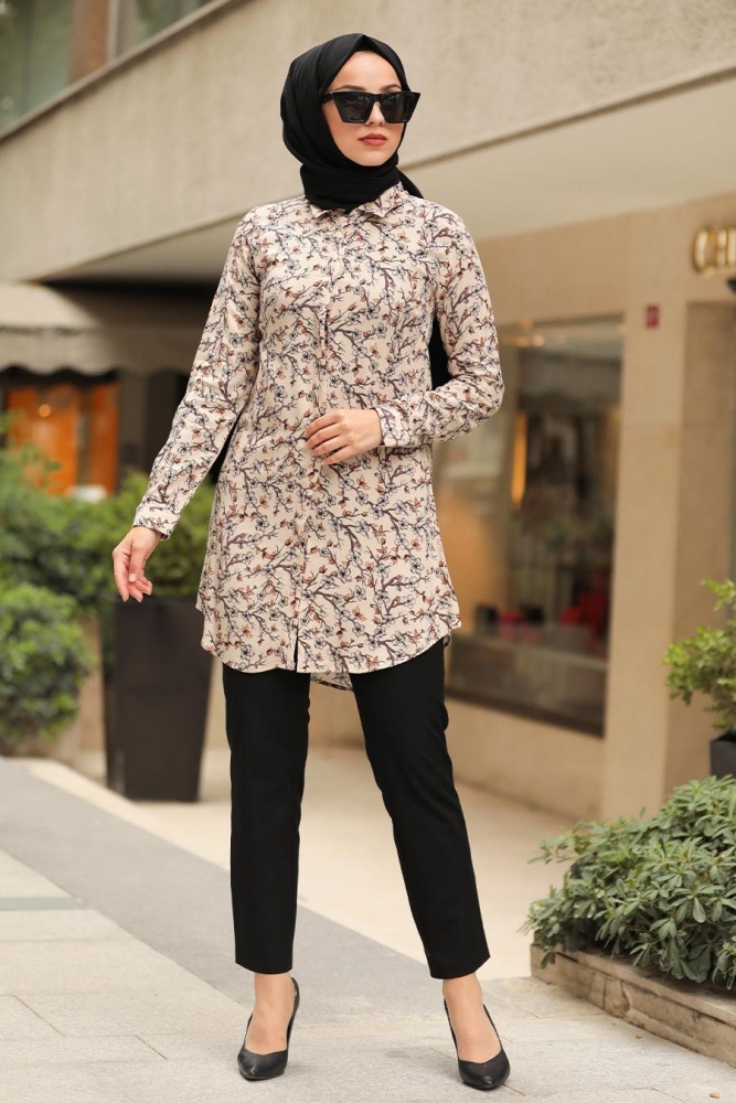 Neva Style - Çiçek Desenli Bej Tesettür Gömlek 44902BEJ - NEVA STYLE
