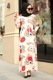 Neva Style - Çiçek Desenli Beli Bağcıklı Pudra Tesettürlü Elbise 53546PD - Thumbnail