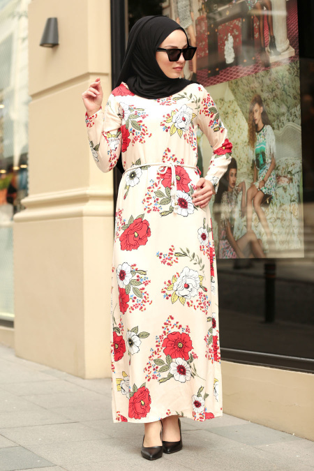 Neva Style - Çiçek Desenli Beli Bağcıklı Pudra Tesettürlü Elbise 53546PD