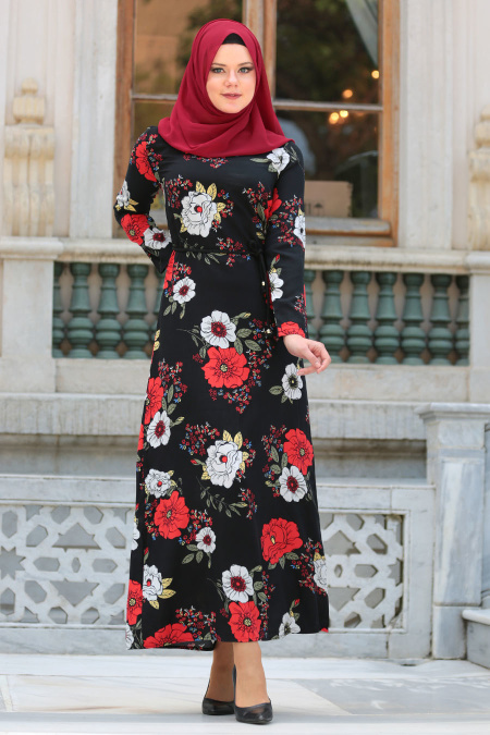Neva Style - Çiçek Desenli Beli Bağcıklı Siyah Tesettürlü Elbise 53546S
