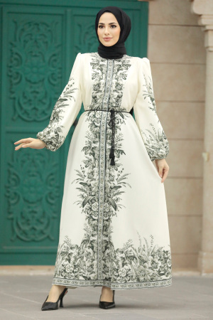  Çiçek Desenli Beyaz Tesettür Atlas Elbise 23411B - 4